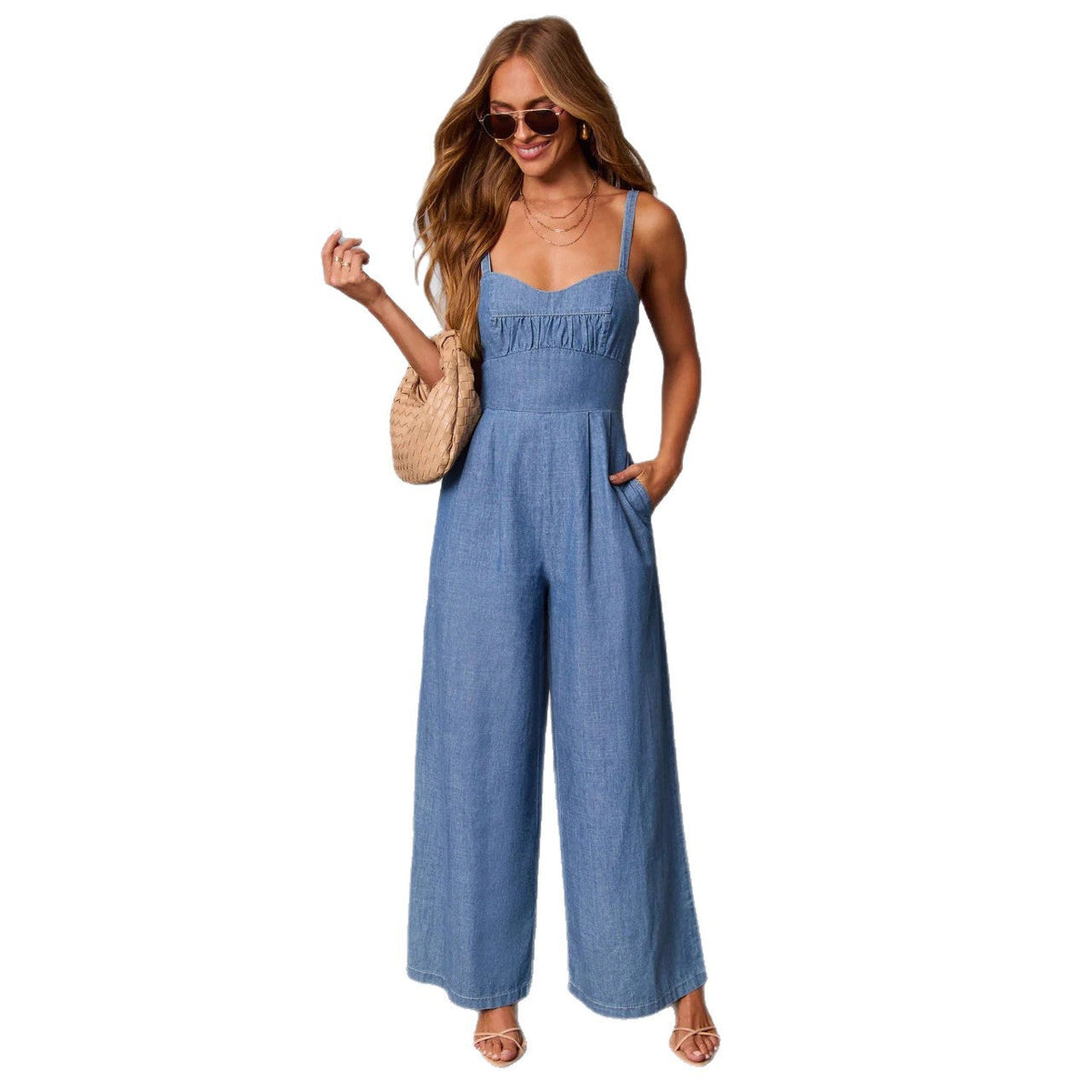 Women's Casual Denim Jumpsuit with Bustier Top and Wide Leg