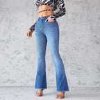 Women's Flared Jeans with High Waist and Frayed Hem