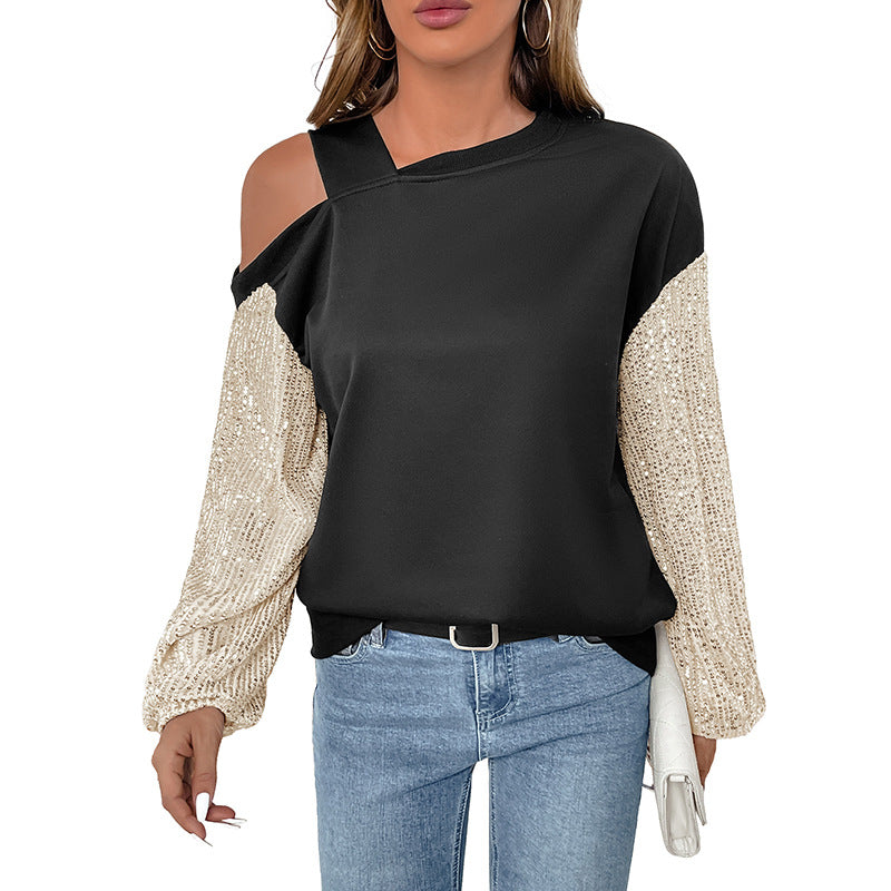 Women's Asymmetrical Sweatshirt with Shoulder Cutout and Sequin Sleeves