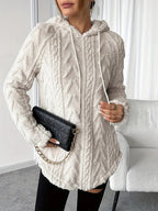 Women's Fluffy Hooded Sweater with Cable Knit Design