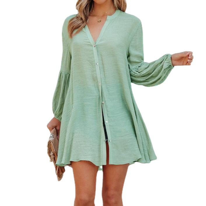 Casual Blouse with Balloon Sleeves and Full Button Placket