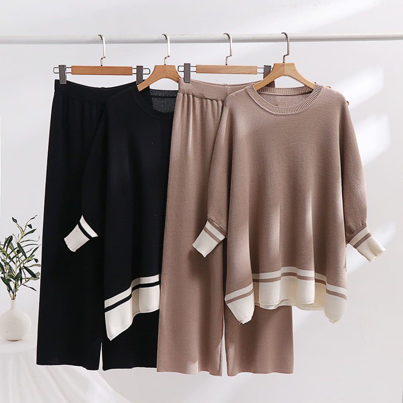 Women's Casual Knit Loungewear Set with Contrast Hem and Wide Cut