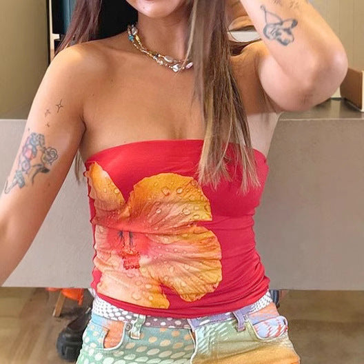 Women's Bandeau Top with Floral Print and Elastic Waistband