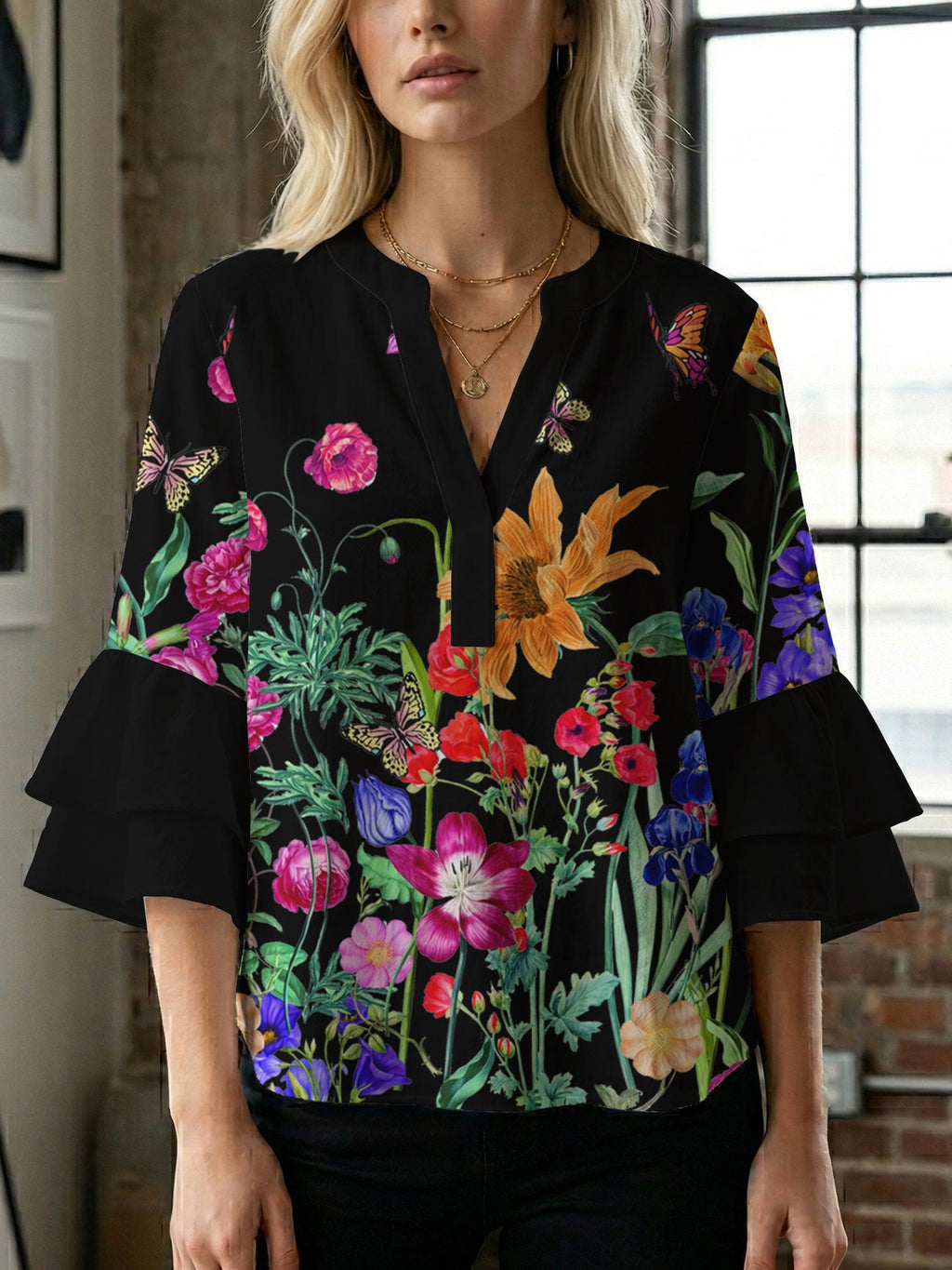 Casual Blouse with Ruffle Sleeves and Botanical Print