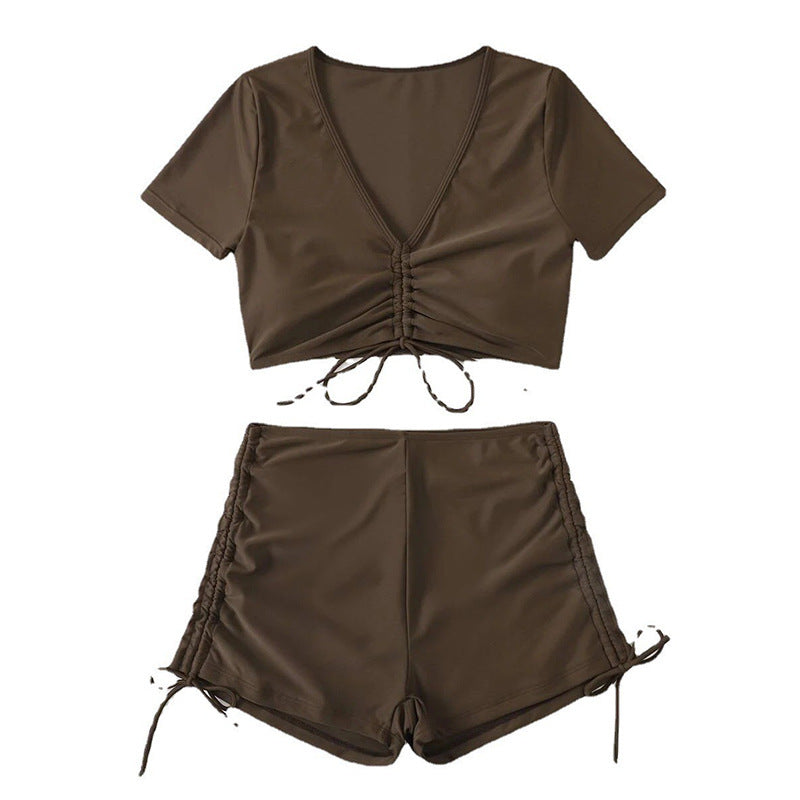 Women's Swim Set with Ruched Top and High-Waisted Bottoms