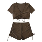 Women's Swim Set with Ruched Top and High-Waisted Bottoms