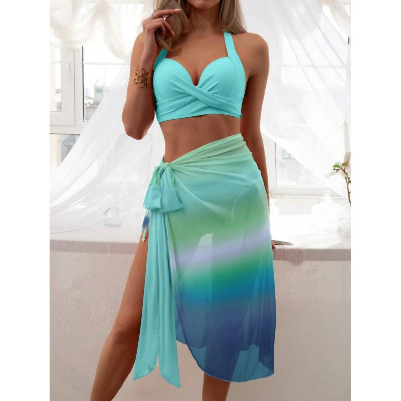 Women's Swimsuit Set with Colorful Wrap Skirt and Comfortable Top