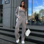 Women's Casual Knit Loungewear Set with Zip Cardigan and Wide-Leg Pants