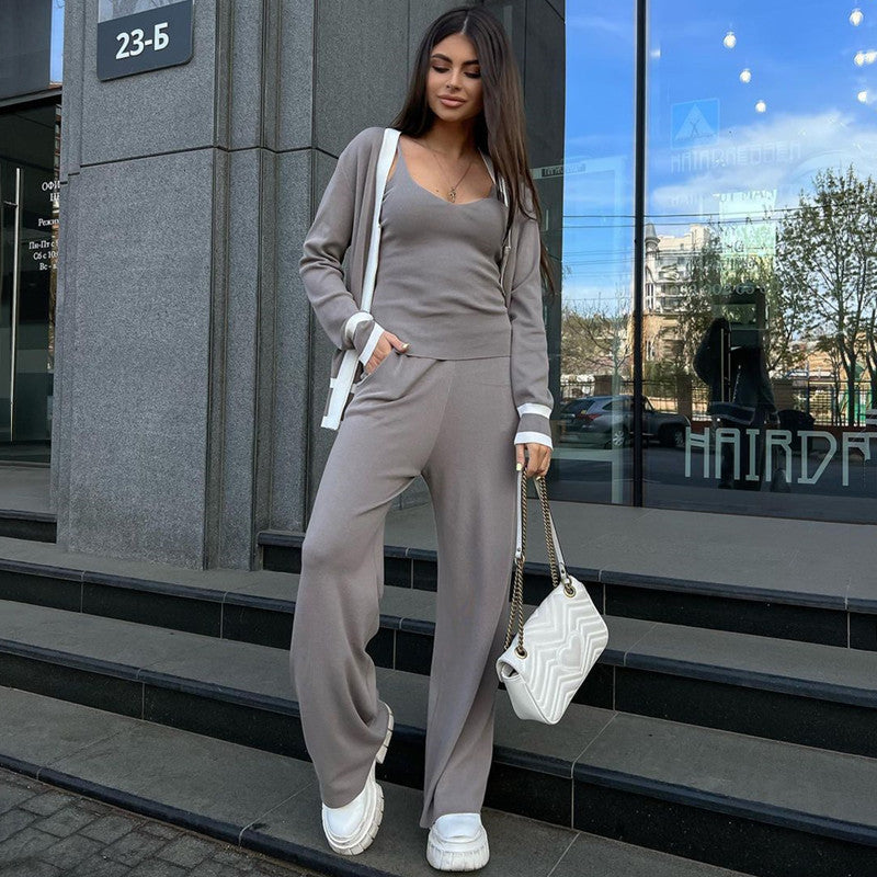 Women's Casual Knit Loungewear Set with Zip Cardigan and Wide-Leg Pants