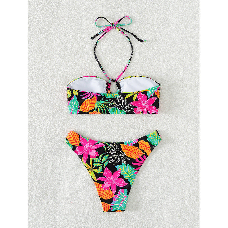 Women's Bandeau Bikini with Floral Design and Cut-out Details