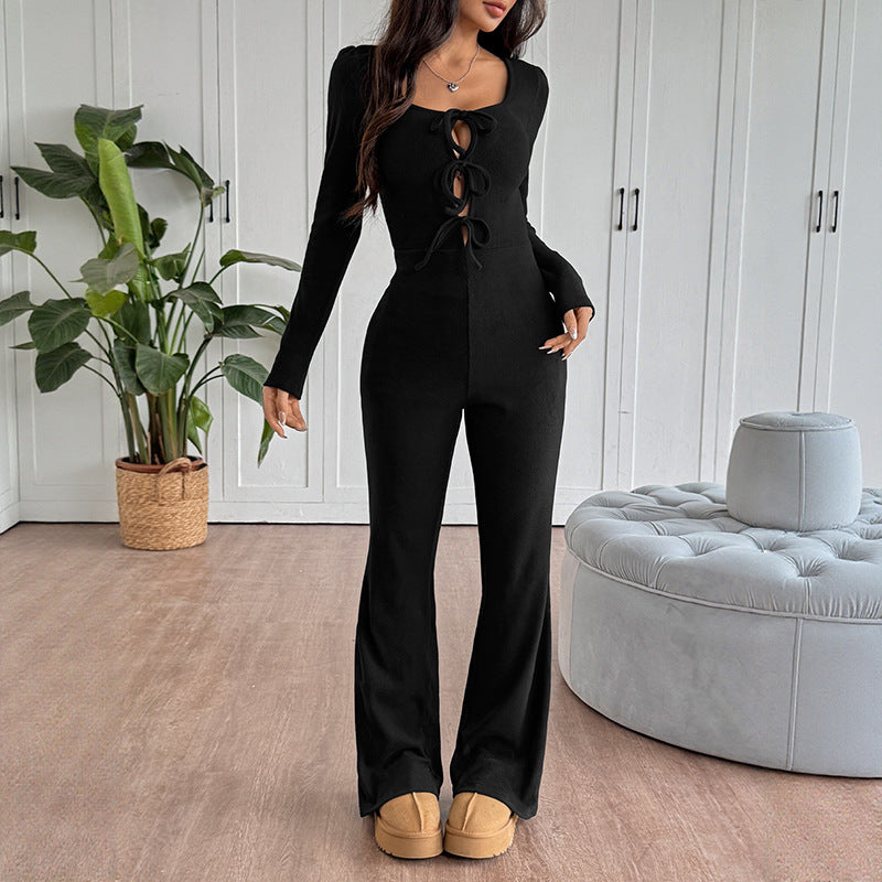 Women's Elegant Overall with Fashionable Cut and Decorative Lace-Up Details