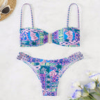 Women's Bandeau Bikini with Refined Ruffle Details and Elegant Pattern