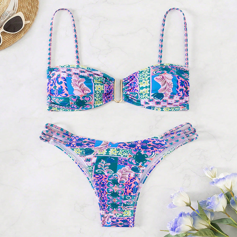 Women's Bandeau Bikini with Refined Ruffle Details and Elegant Pattern