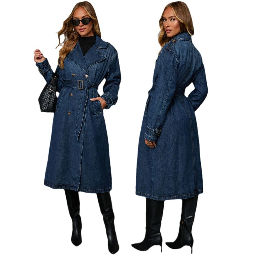 Women's Denim Trench Coat with Belt and Practical Pockets