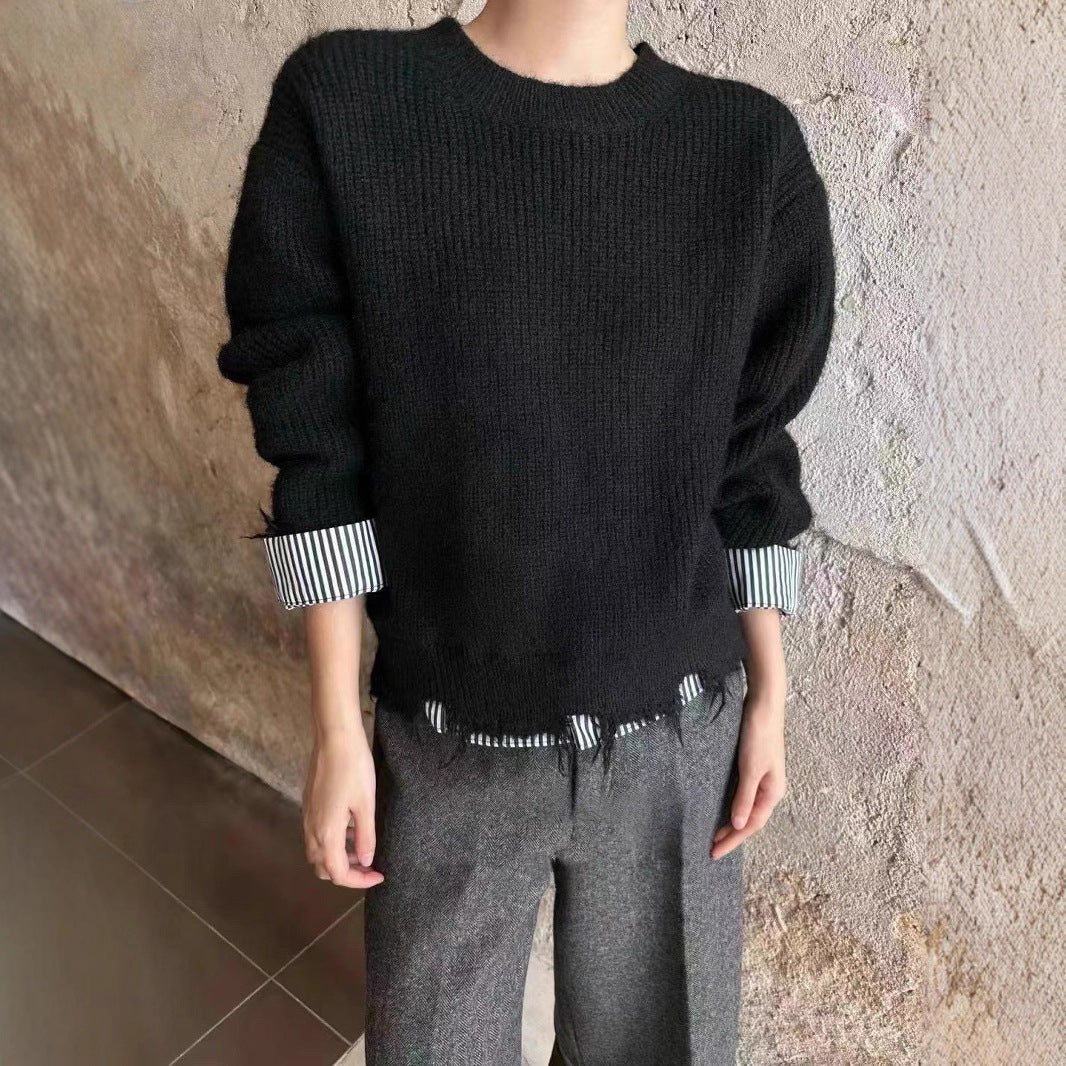 Women's Chunky Knit Sweater with Contrast Cuffs and Casual Fit