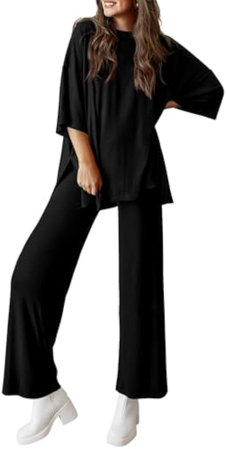 Women's Casual Lounge Set in Soft Jersey with Oversized Tunic and Wide Palazzo Pants