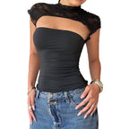 Women's Bodysuit with Lace Collar and Fitted Cut
