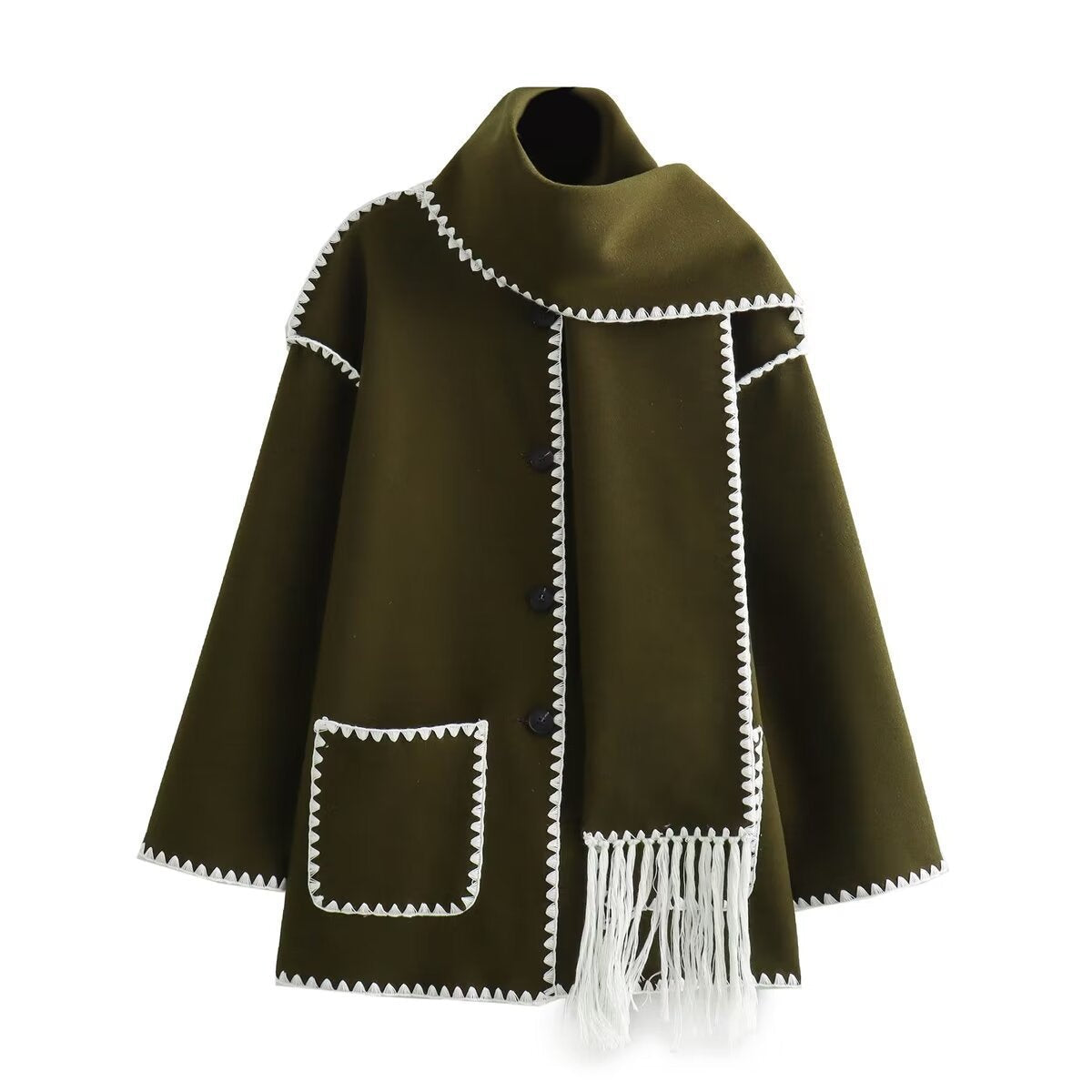 Women's Coat with Fringe Detail and Elegant Button Placket