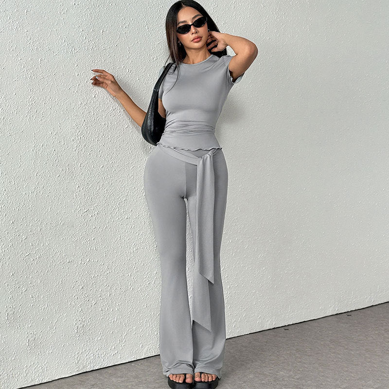 Women's Elegant Set with Form-Fitting Top and Flared Pants