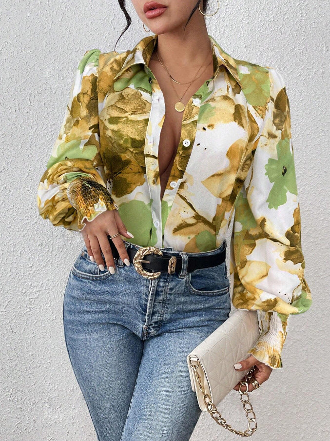 Women's Floral Print Blouse with Puff Sleeves