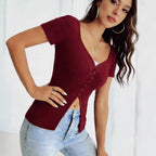 Women's Fitted Short-Sleeve Shirt with Button Placket