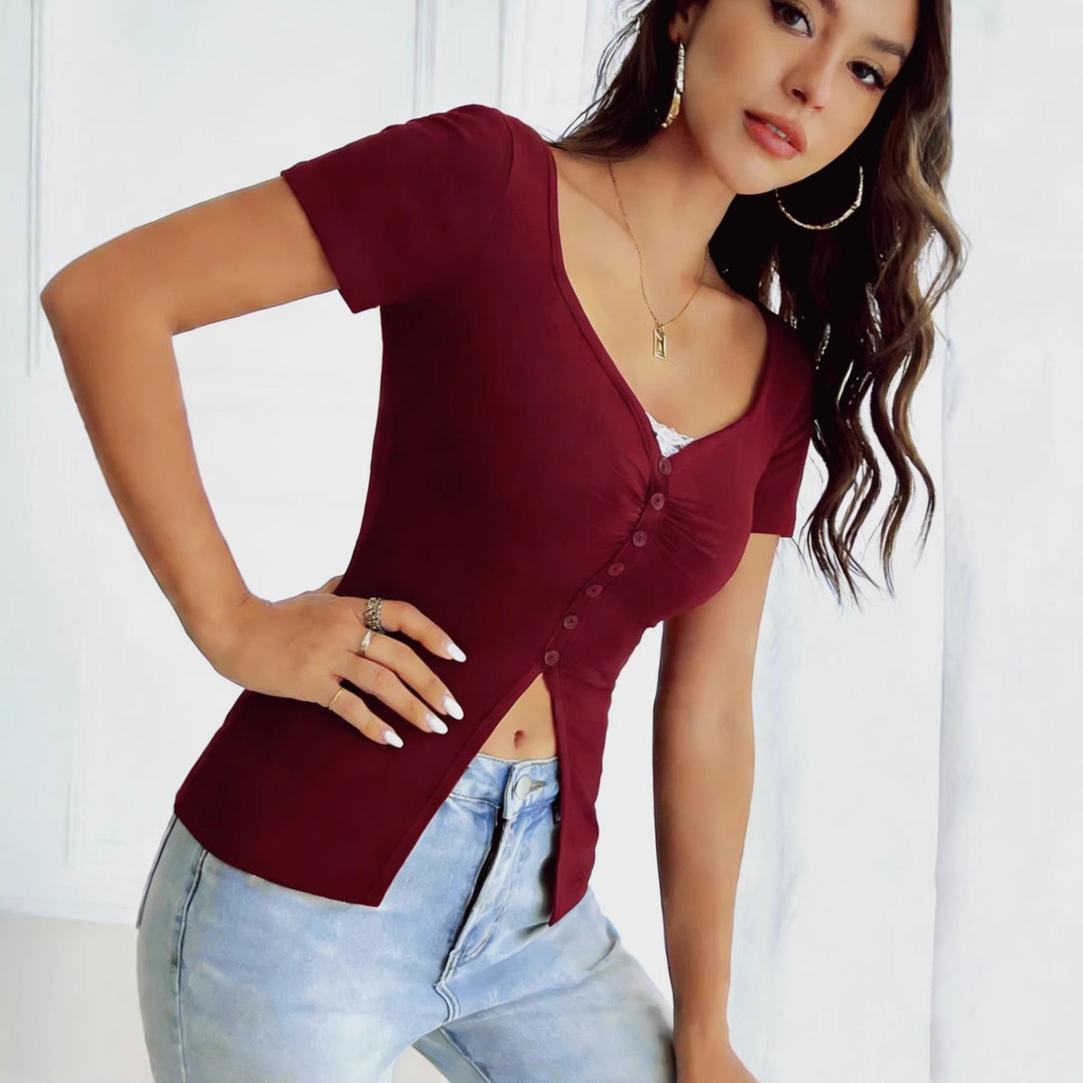 Women's Fitted Short-Sleeve Shirt with Button Placket