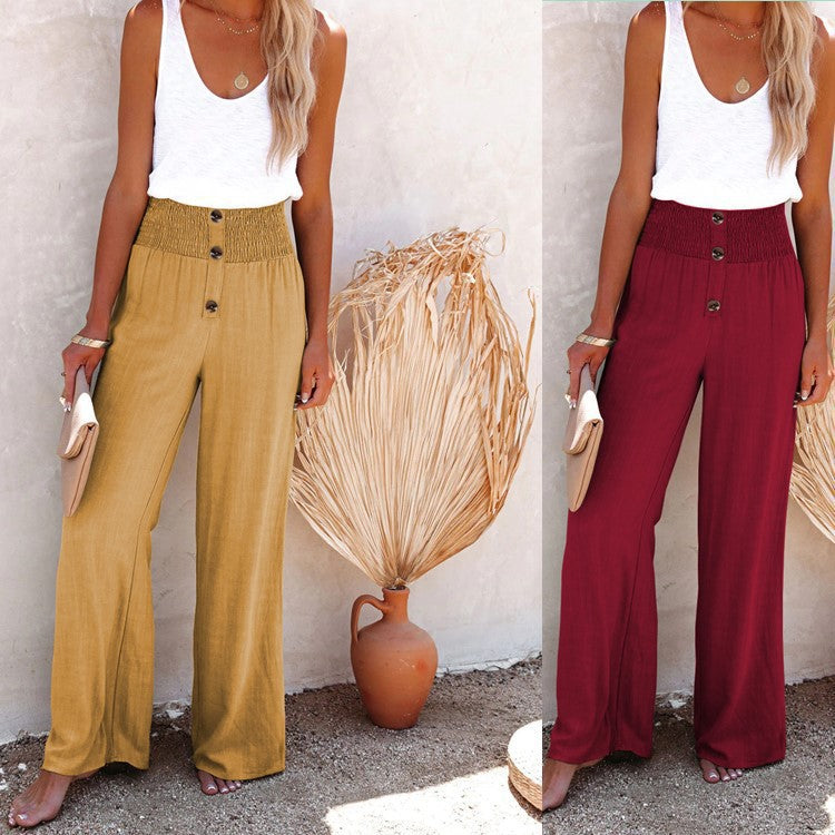 Women's Elegant High-Waisted Wide-Leg Pants with Button Detail