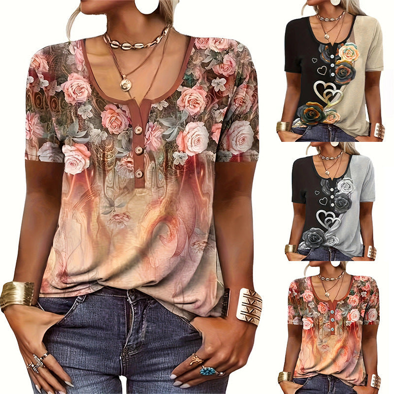 Women's Blouse Shirt with Floral Design and Button Details