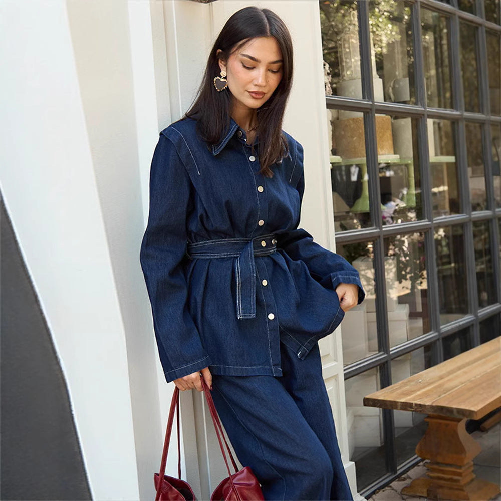 Women's Denim Jumpsuit with Elegant Belt and Wide Leg