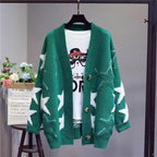 Women's Chunky Knit Cardigan with Star Pattern and Deep V-Neck