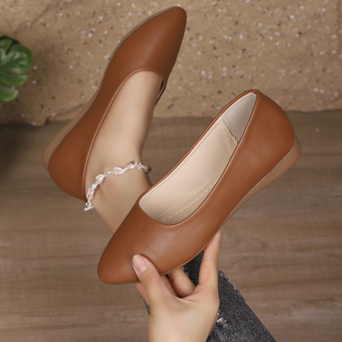 Women's Soft Leather Ballet Flats with Elegant Scoop Neck