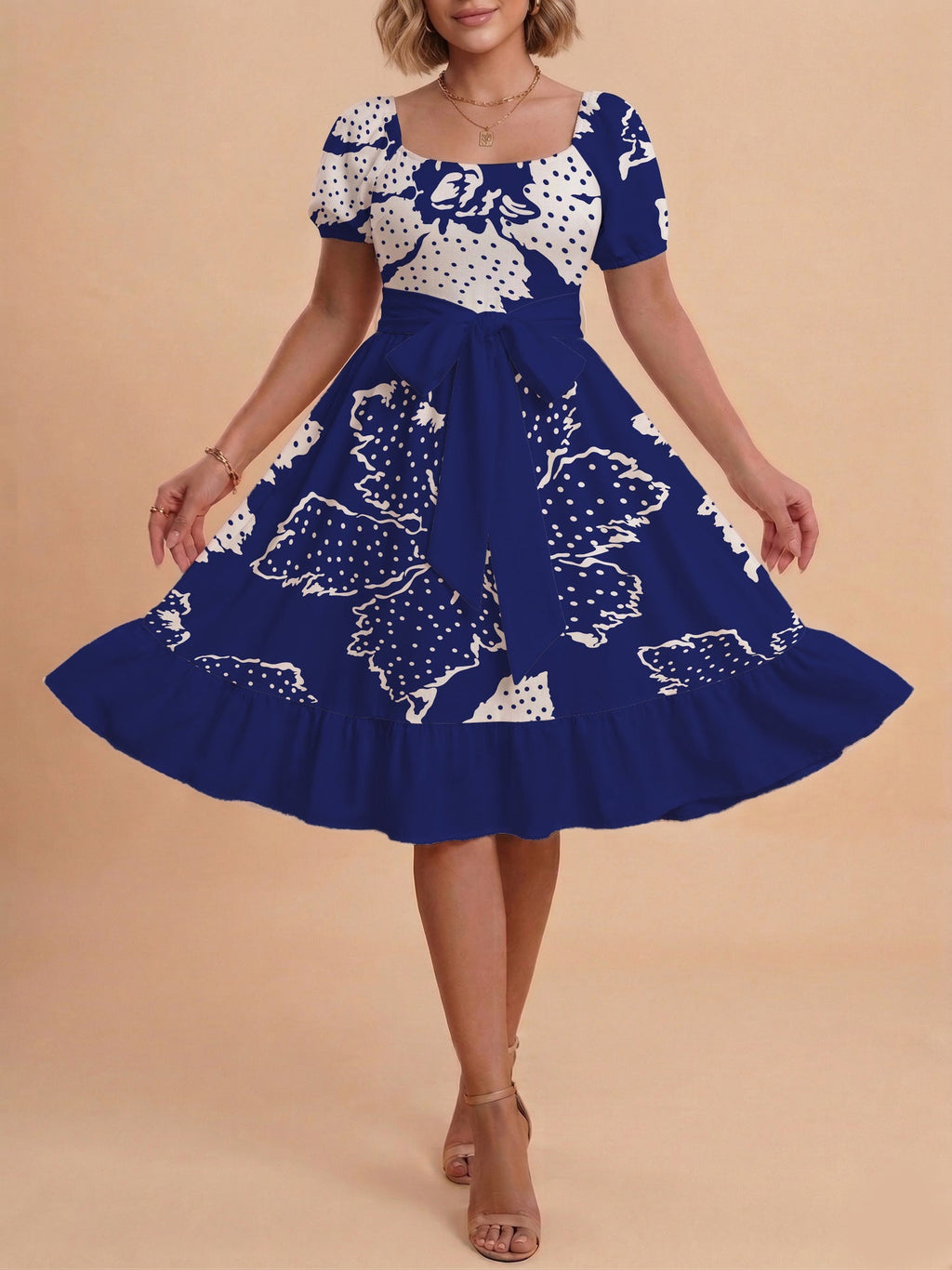 Women's A-Line Dress with Floral Motifs and Adjustable Belt