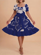Women's A-Line Dress with Floral Motifs and Adjustable Belt