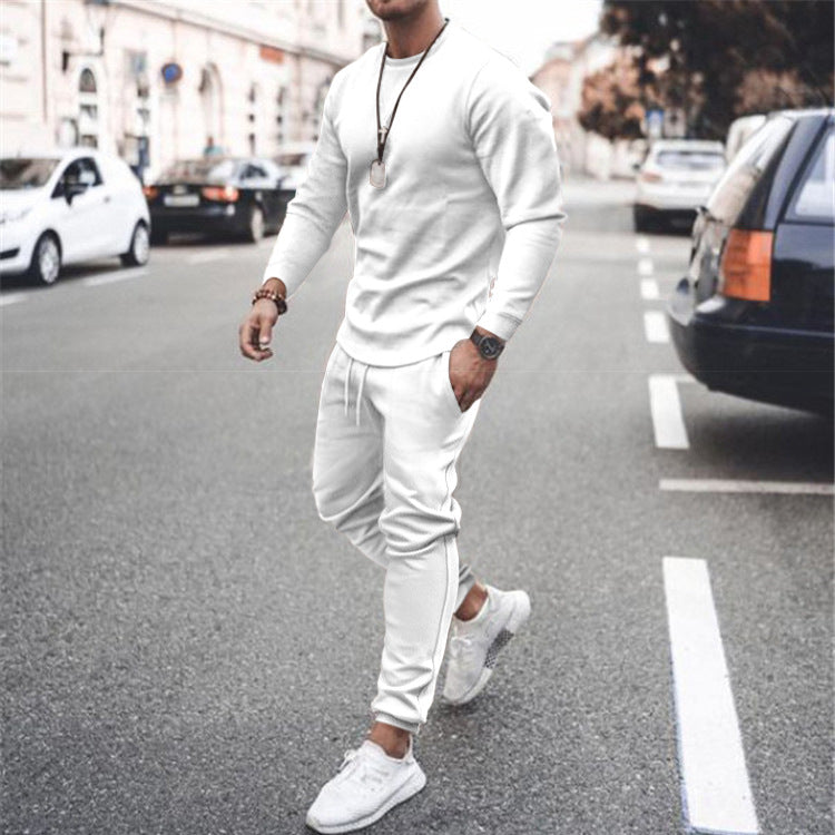 Men's Casual Crew Neck Training Set made of Stretch Cotton Blend with Drawstring Joggers