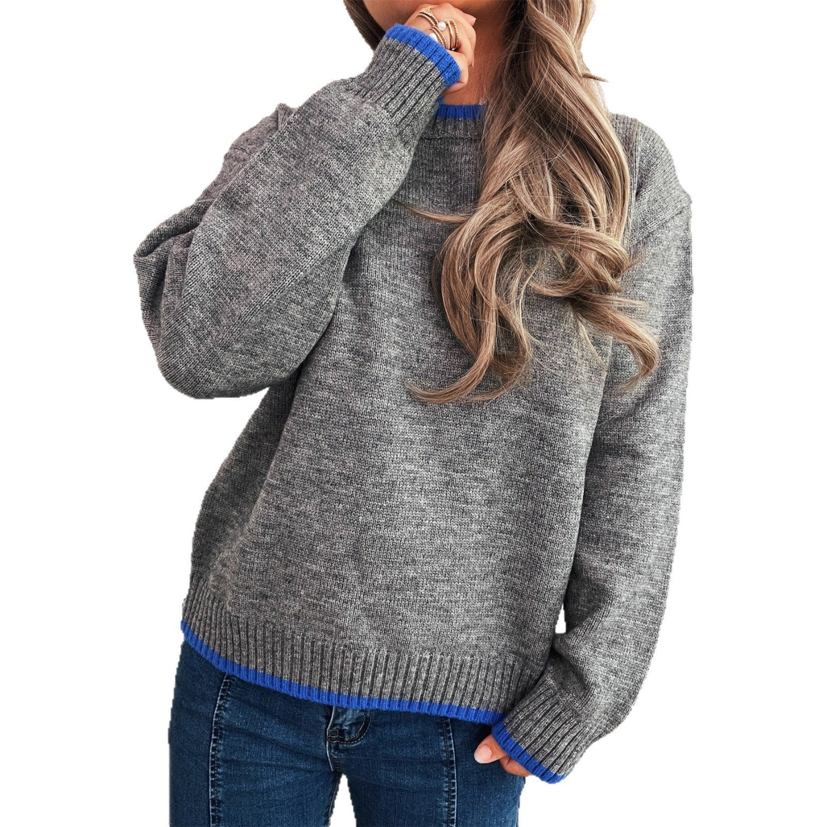 Women's Cozy Knit Sweater with Contrast Cuffs and Casual Fit