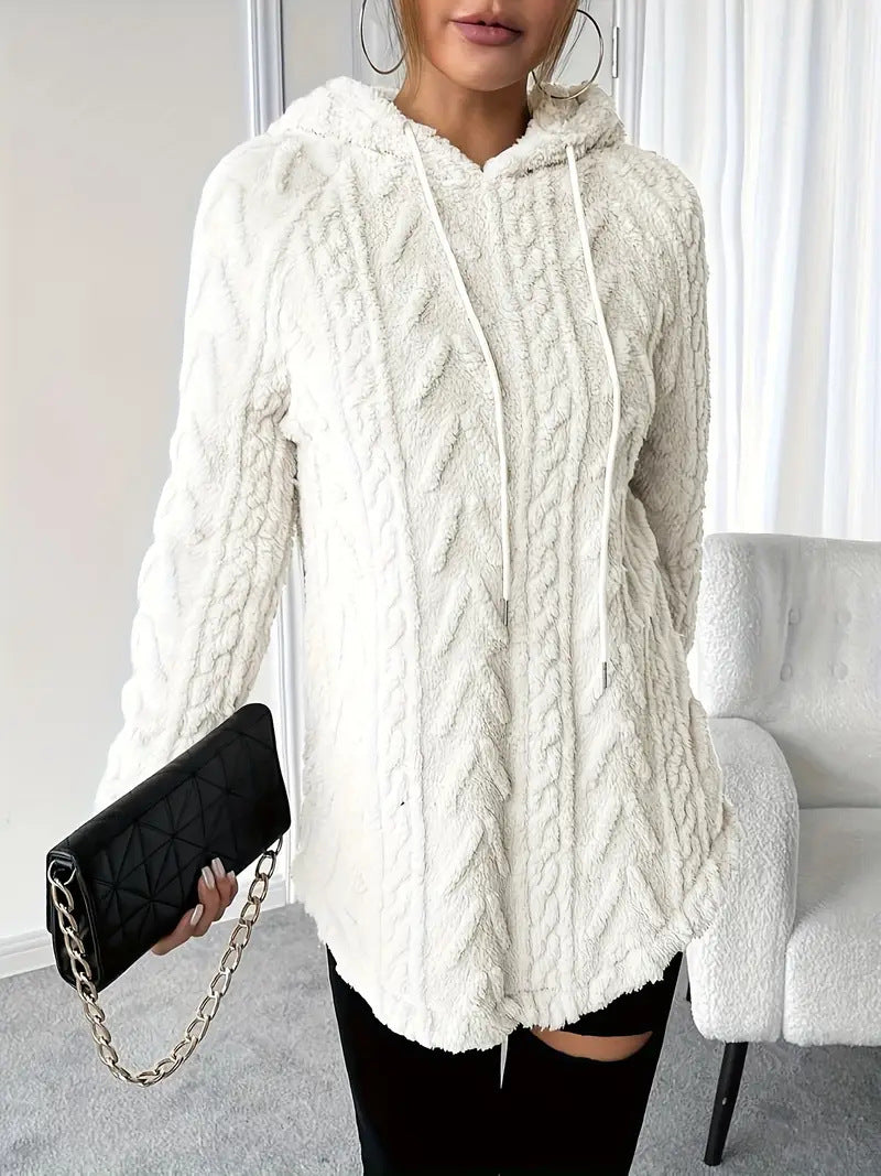 Women's Fluffy Hooded Sweater with Cable Knit Design