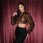 Women's Cropped Faux Leather Jacket with Snake Print