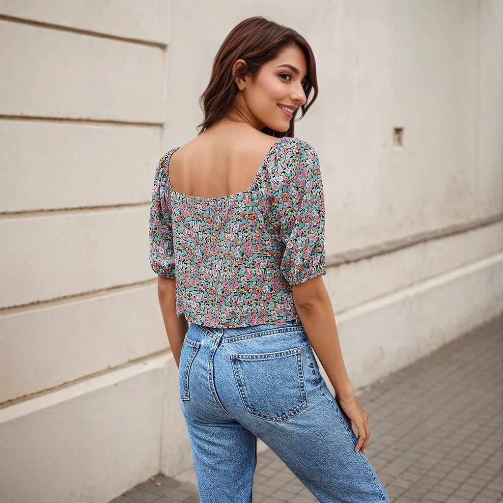 Women's Blouse with Floral Design and Ruched Detail