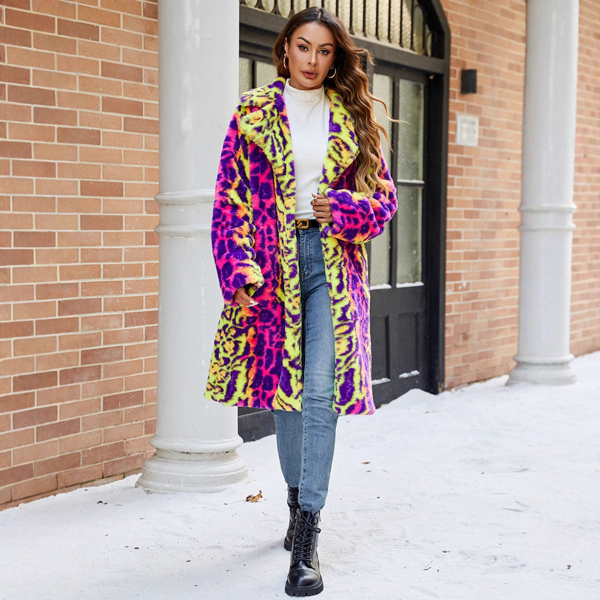 Women's Fluffy Faux Fur Coat in Vibrant Pattern