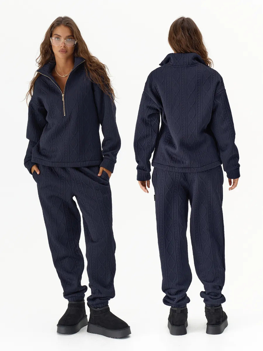Women's Cable Knit Lounge Set with Half Zipper and High-Waisted Jogging Pants