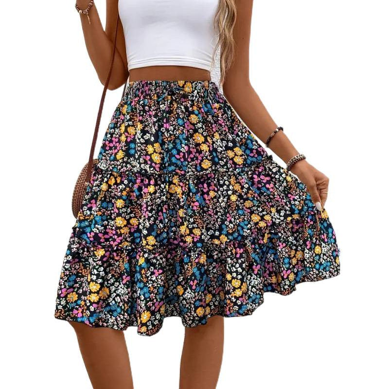 Women's Floral Midi Skirt with Voluminous Cut and Elastic Waistband