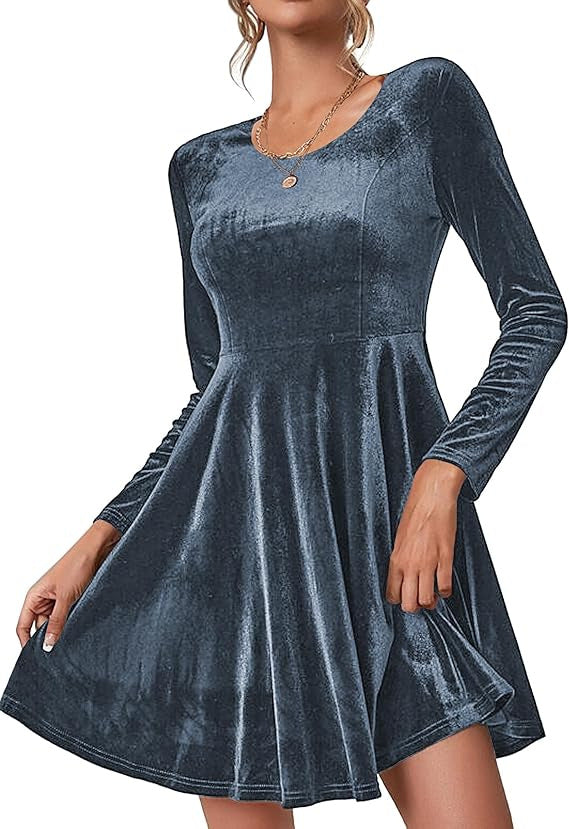 Women's Velvet A-Line Dress with Long Sleeves and Round Neck
