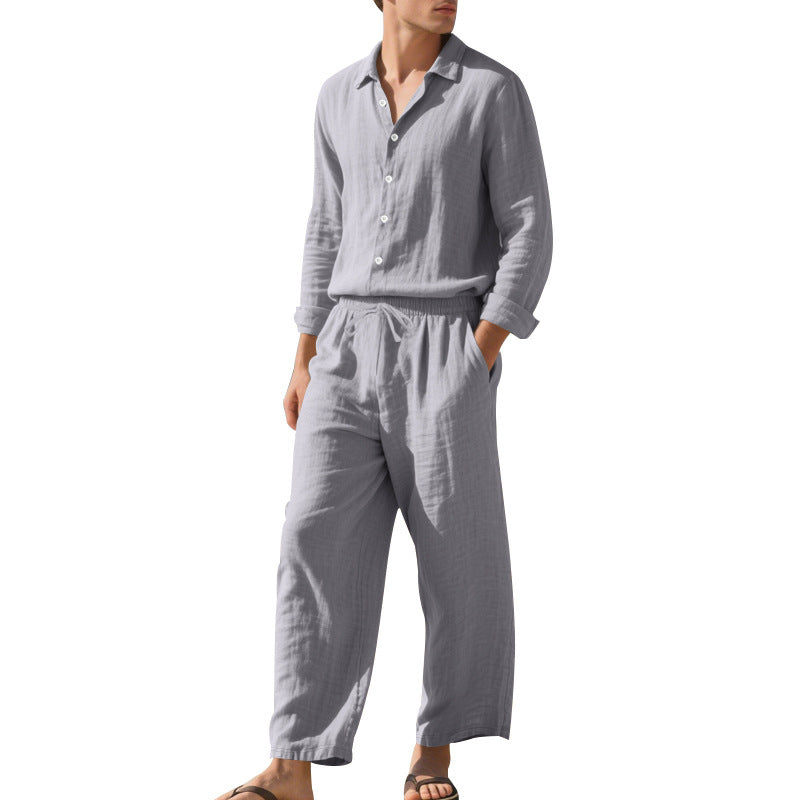 Men's relaxed linen set with open shirt collar and loose drawstring pants