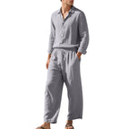 Men's relaxed linen set with open shirt collar and loose drawstring pants