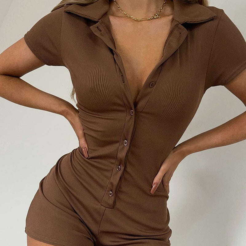 Women's Form-Fitting Playsuit with Buttons and Short Leg Length