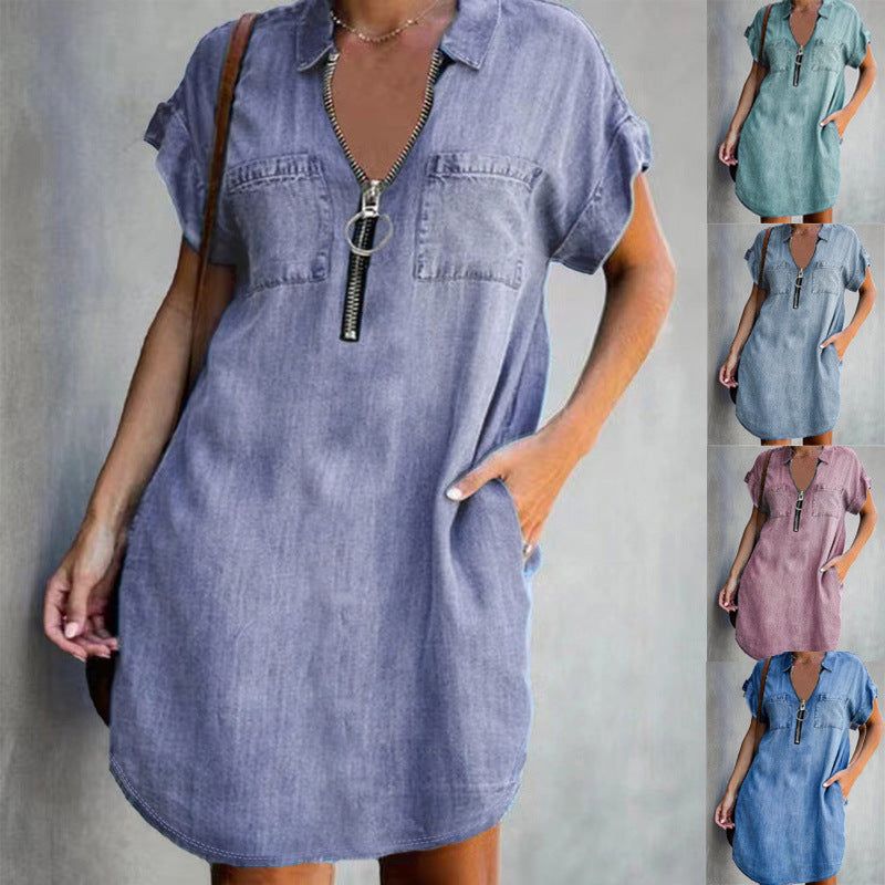 Women's Chambray Dress with Zipper and Pockets