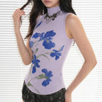 Women's Sleeveless Floral Print Top with Stand-Up Collar
