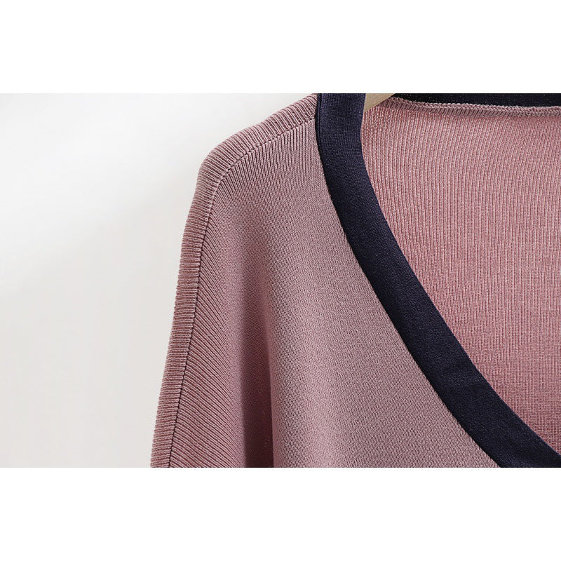 Women's Elegant Knit Set with Deep V-Neck and Contrast Details