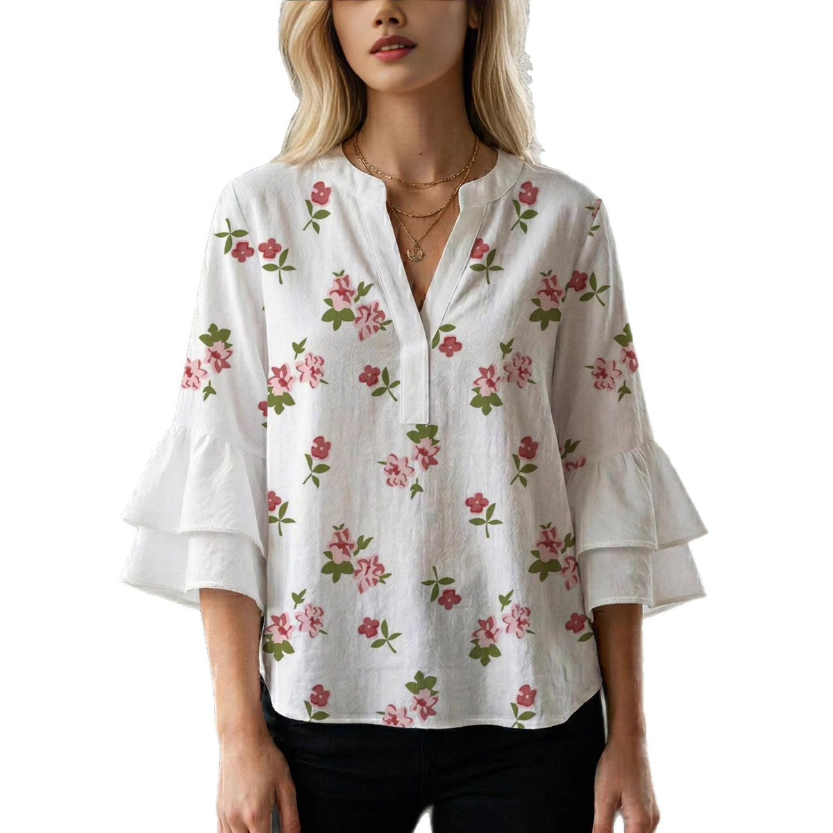 Women's Blouse with Voluminous Ruffle Sleeves and Modern Print