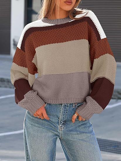 Women's Chunky Knit Sweater with Color Block Design and Oversized Fit